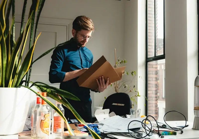 Mitarbeiter packt im Büro einen Karton für den Firmenumzug